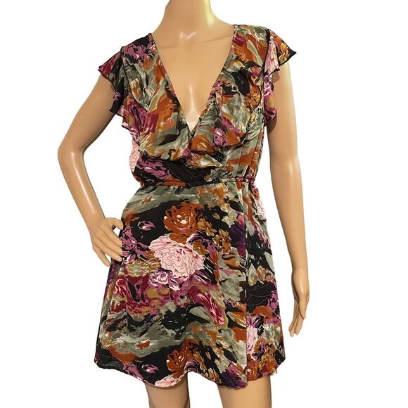 Pinky Womens Faux Wrap Mini Dress Ruffled Deep V Neck Earthy Tones CottageCore S - Picture 1 of 9
